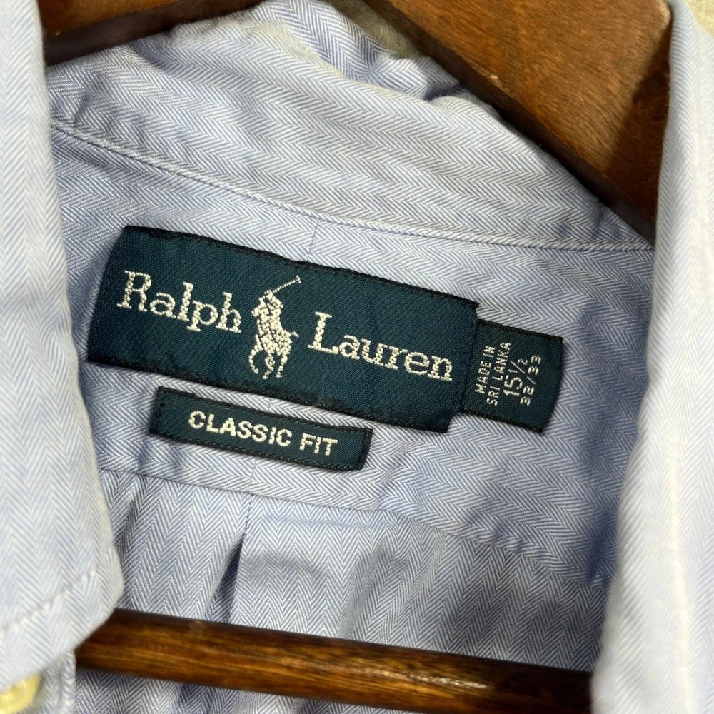 Ralph Lauren Button Down Shirt Mens 15.5 32/33 Blue Classic Herringbone Oxford